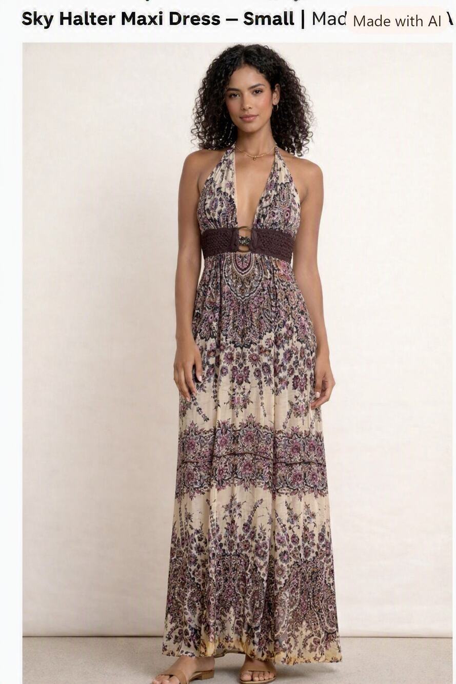 Sky Halter Boho Halter Maxi Silk Blend Dress – Small | Made in USA